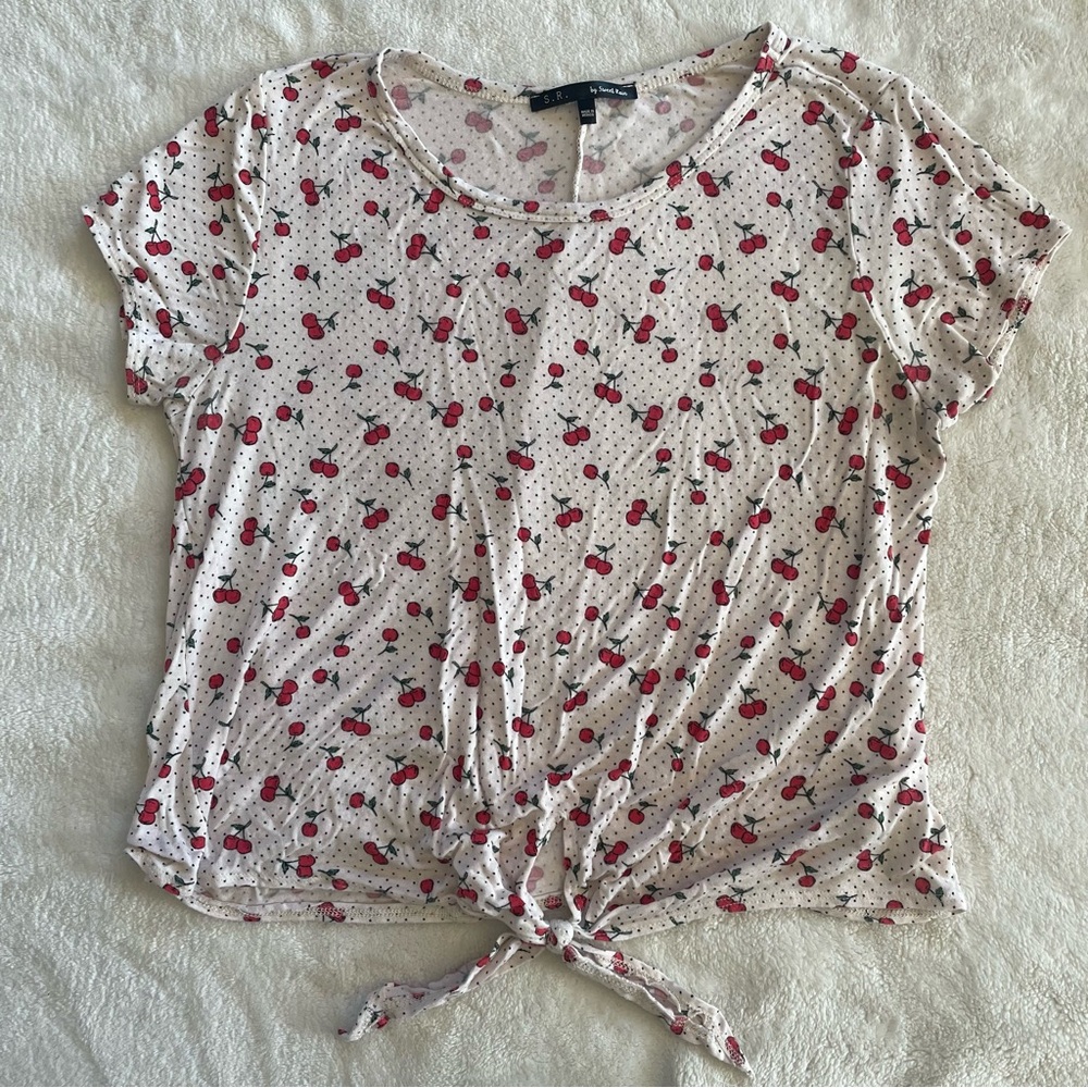 Sweet Rain Cherry Print Cropped Top Tied Knot size M